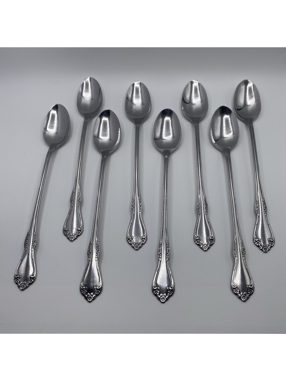8 Iced Tea Spoon Dessert Spoon Mansfield Amadeus Oneida Deluxe Floral Stainless